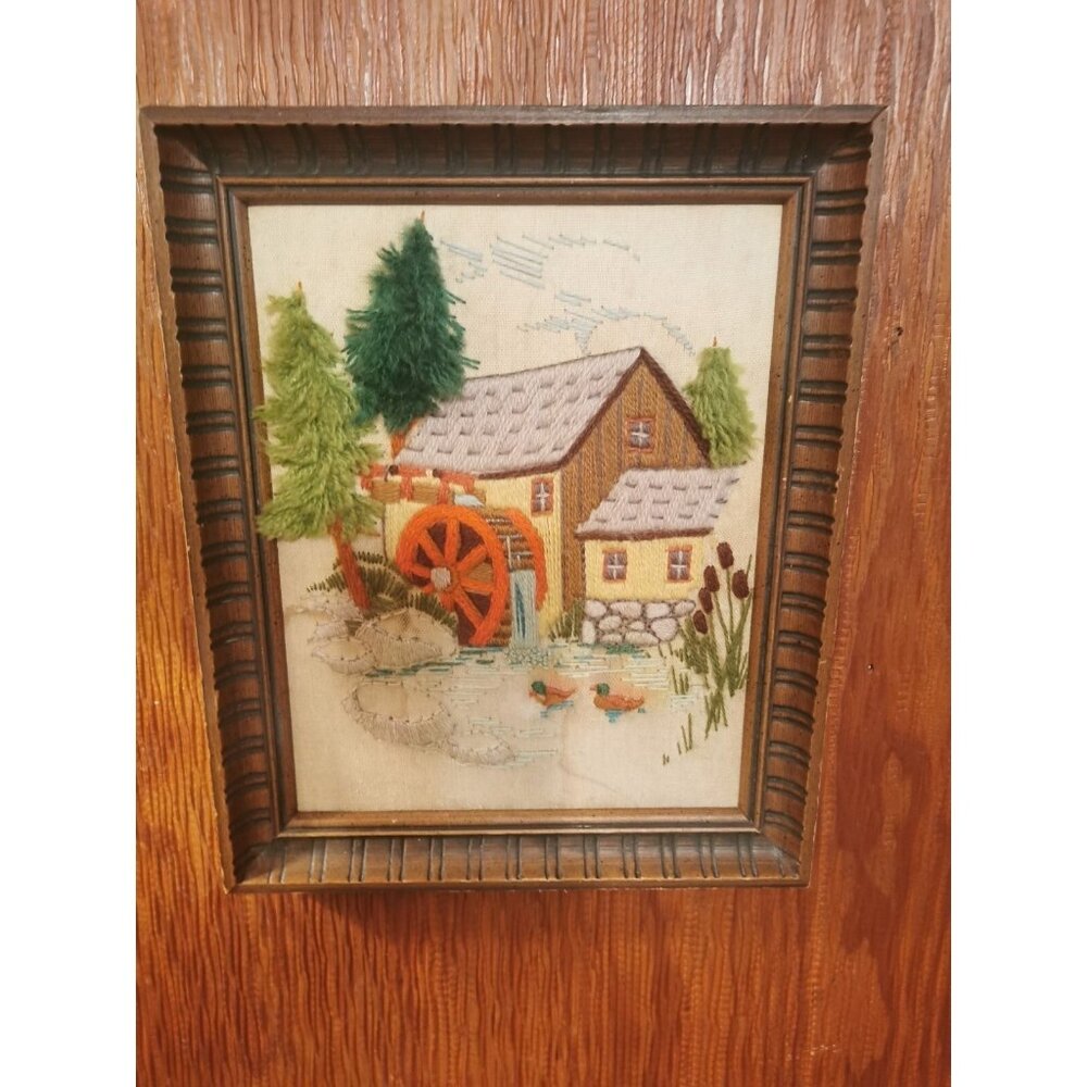 Framed Embroidery, Old Mill on a Stream, c.1970's Stitch Art